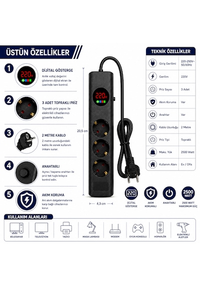 Sh-4634 3 Lü Akım Korumalı Priz Dijital Voltaj Göstergeli 2500w 2 Metre Kablolu Anahtarlı Topraklı Çoklu Grup Priz 2 M