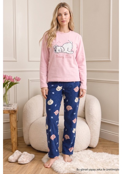 Siyah İnci Pembe Nakışlı Alt-üst Polar Kışlık Örme Pijama Takım 26222127