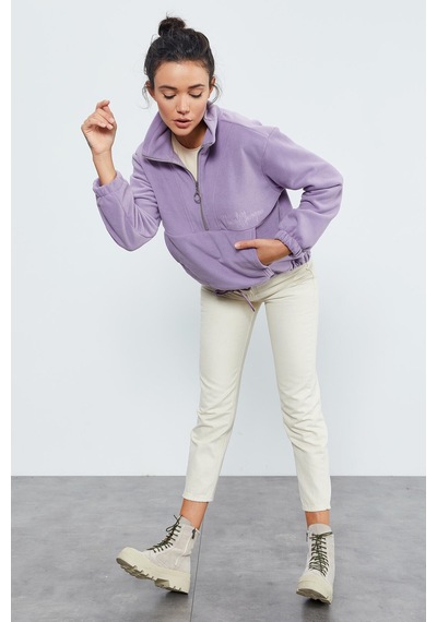 Tommy Life Eflatun Yarım Fermuar Etek Ucu Büzgülü Kadın Polar Oversize Sweatshirt - 97171 Eflatun