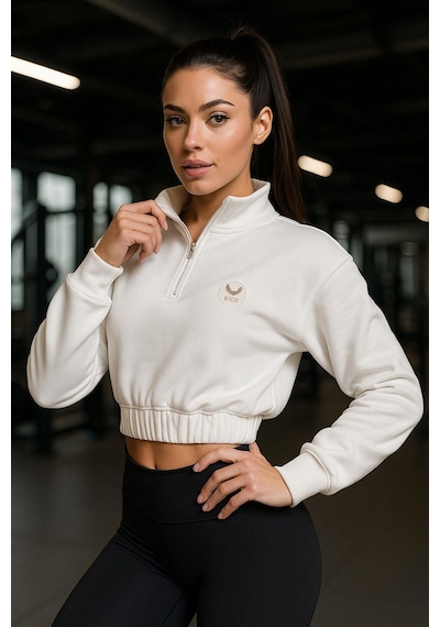 Kadın Fermuar Yaka Detaylı Crop Lastikli Rahat Kalıp Sweatshirt Beyaz