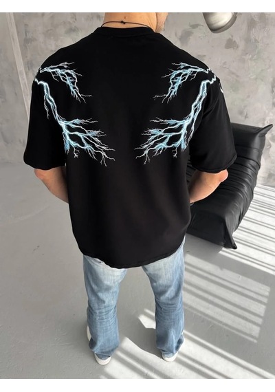 Erkek Yıldırım Şimşek Baskılı T-shirt Kısa Kol Bisiklet Yaka Tişört - Siyah Siyah