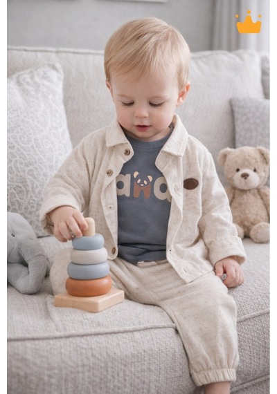 Babyhola Bayramlık Erkek Bebek Üçlü Takım Panda Baskılı Müslin Kumaş Mevsimlik Set 2201 Füme