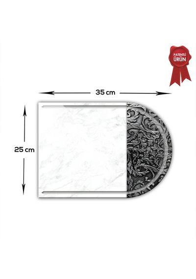 Kanallı Cam Kesme Tahtası - Ornament Beyaz - Kenarı Oval- 25x35cm