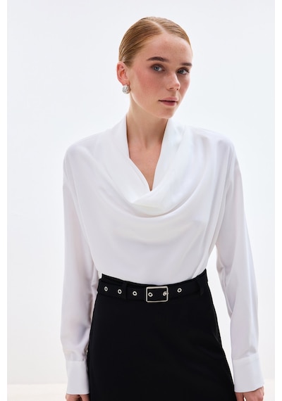 Sateen Degaje Yaka Bluz - Ekru-136736 Ekru