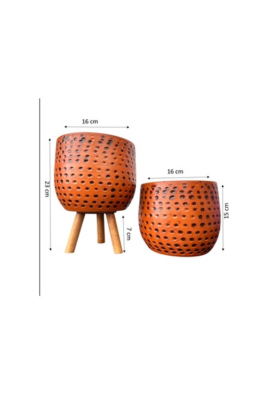 Bitki Tasarımı Siyah Nokta Desenli Terakota Saksı & Saksılık Dekoratif Salon Çiçekliği Ayaksız-3 Ayaklı 15 Cm