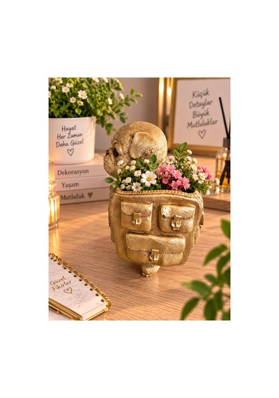 Dekoratif Köpek Figürlü Kalemlik Makyaj Fırçalık Saksı Organizer Polyester 12x15 Cm Altın
