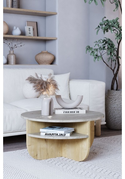 Rubo Orta Sehpa Raflı Iskandinav Orta Sehpa 72 Cm, Bohem - Traverten & Safir Meşe
