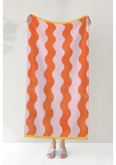 Dalgalı Çizgili Modern Plaj Havlusu - Turuncu Pembe Minimalist Havuz Deniz Hızlı Kuruyan Plaj Örtüsü Yumuşak Mercan Dalgalı Çizgili Modern Plaj Havlusu - Turuncu Pembe Minimalist Havuz Deniz Hızlı Kuruyan Plaj Örtüsü Yumuşak Mercan
