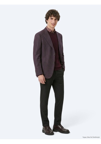 Kip Bordo Desenli Modern Fit Yün Karışımlı Örme Ceket