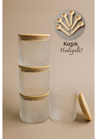 Siena- 4'lü Ahşap Kapaklı Kaşık Hediyeli Cam Saklama Kabı 375 Cc Bambu Kapak