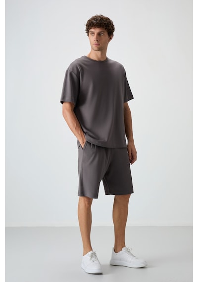 Tommy Life Koyu Gri Pamuklu Kalın Yumuşak Dokulu Oversize Fit Basic Erkek Şort Takım - 85249