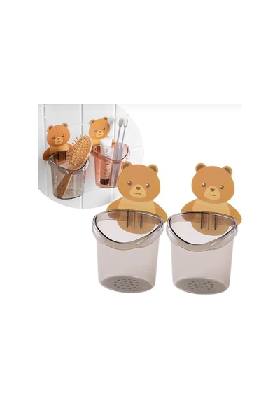 3 Lü Ayı Figürlü Diş Fırçalık Seti Yapışkanlı Duvara Yapışan Banyo Organizer Füme
