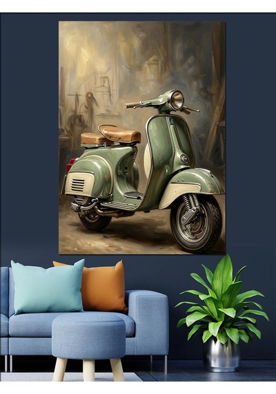Sokak Arasında Klasik Yeşil Motosiklet Dekoratif Kanvas - Mdf Ahşap Tablo