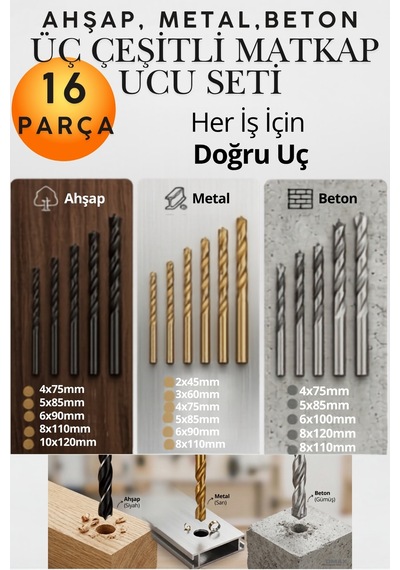16'lı Çok Amaçlı Matkap Ucu Seti - Beton, Duvar, Ahşap, Metal Ve Çelik Delme İçin Profesyonel , Farklı Çap Ve Uzunluk Seçenekleriyle, Yüksek Dayanıklı 3'ü Bir Arada Uç Paketi 16'lı Çok Amaçlı Matkap Ucu Seti - Beton, Duvar, Ahşap, Metal Ve Çelik Delme İçin Profesyonel , Farklı Çap Ve Uzunluk Seçenekleriyle, Yüksek Dayanıklı 3'ü Bir Arada Uç Paketi