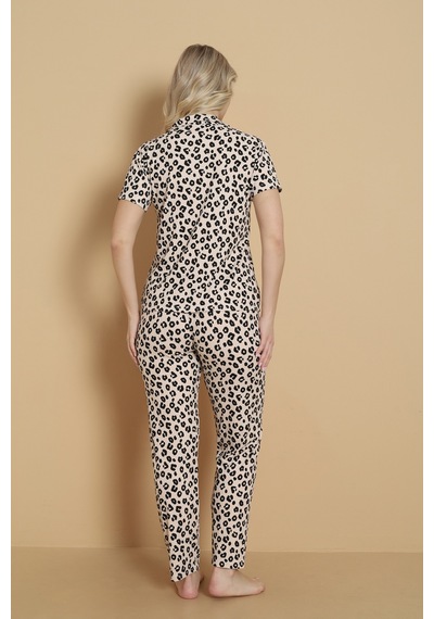 Wordex Mirano 9509 Leopar Desenli Pegasus Kumaş Düğmeli Kısa Kolu Kadın Pijama Takımı