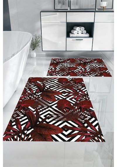 Buççin Online Mağaza Dijital Baskılı Yıkanabilir Klasik Çiçek Desenli Banyo Paspası Klozet Takımı Polyester Kırmızı Çok Renkli