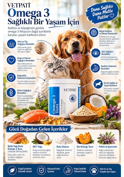 Vetpati Omega 3 Tozu Kedi Ve Köpekler İçin Balık Yağı Epa Dha Deri Tüy Eklem Ve Bağışıklık Desteği