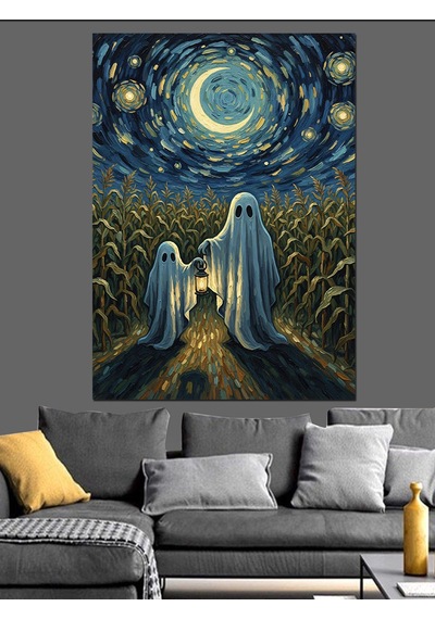 Ahşap Tablo Van Gogh Tarzı Yıldızlı Gecede Hayaletler İllüstrasyonu