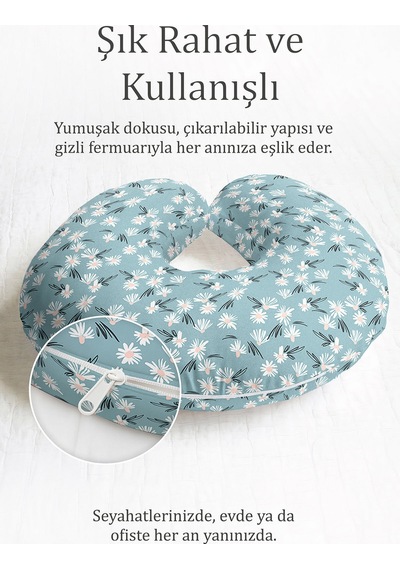 Papatya Desenli Pamuklu Boyun Yastığı - Soft Turkuaz Çiçekli Yumuşak Seyahat Yastığı Koyu Toprak Fu Şya