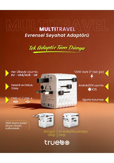 Truebo Multitravel Travel Adapter & Charger Evrensel Seyahat Adaptörü