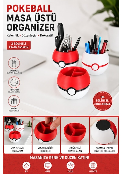 Pokéball Tasarımlı 3 Bölmeli Masaüstü Organizer Kalemlik Dekoratif Masa Düzenleyici - Kırmızı Diğer