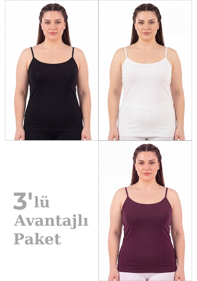 Arma Yıldız Kadın Büyük Beden İp Askılı Atlet Pamuklu Likralı Yumuşak Esnek Kumaş 3'lü Paket Mürdüm Beyaz Siyah