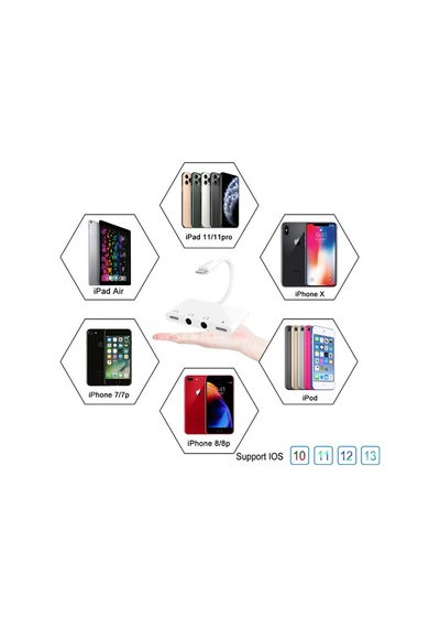 Ally Apple Uyumlu iPhone 11-11 Pro-XS-XR-7-8 4 In 1 OTG Ses Adaptörü Çift DC
