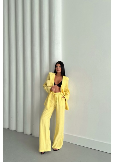 Modal 4 Düğme Astarsız Ceket - Pantolon Takım - Sarı Sarı