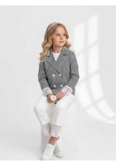 Zekids Kız Çocuk Lacivert Çizgili Kruvaze Dantel Detaylı Ceket-17155 Çok Renkli