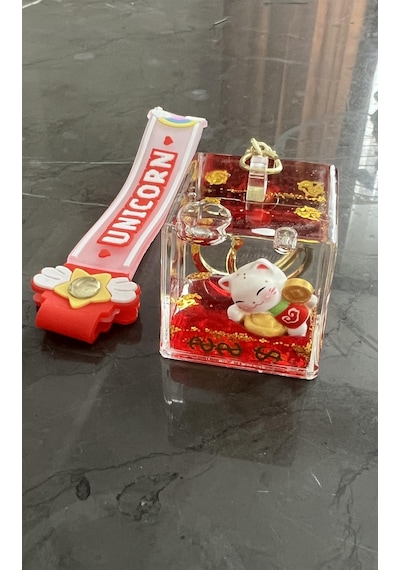 Feng Shui Şans Ve Bereket Kedisi Figürlü Sulu Anahtarlık / Çanta Süsü Patili Kedi Model 2 Maneki Neko