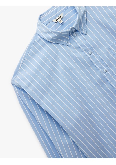 Koton Klasik Yaka Uzun Kollu Oversize Poplin Gömlek Mavi Çizgili 6wak60022pw