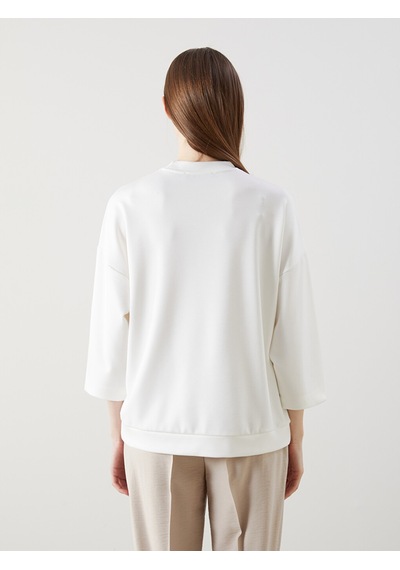 Lcw Modest Beyaz Bisiklet Yaka Nakışlı Oversize Kadın Sweatshirt Tunik