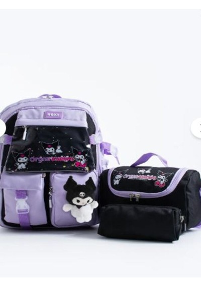 Trg Roxy Lila Kuromi Kore Kawaii Okul Çantası Seti Sırt Çantası + Beslenme Çantası + Kalemlik Siyah-mor