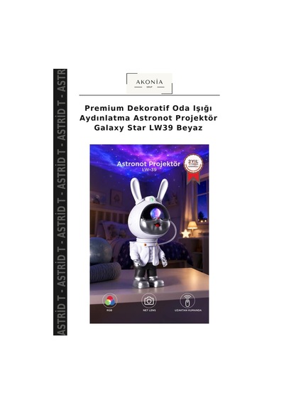 Premium Dekoratif Oda Işığı Aydınlatma Astronot Projektör Galaxy Star Lw39 Beyaz Çok Renkli
