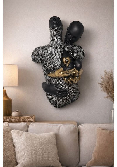 Modern Aşk Temalı Dekoratif Heykel 47 Cm Soyut Çift Figürlü Altın Detaylı Biblo