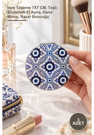 3 Adet Taşlı Nazar Boncuklu El Aynası İnce Tasarım 7x7 Cm, Taşlı Süslemeli El Ayna, Hand Mirror, Nazar Boncuğu Genel