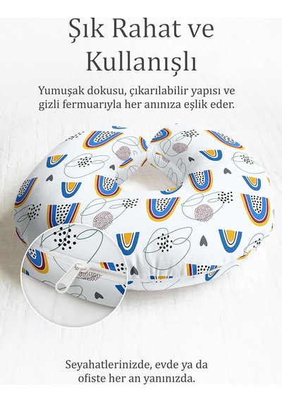 Renkli Gökkuşağı Desenli Ergonomik Boyun Yastığı - Modern Çizgi Detaylı Beyaz Seyahat Yastığı Pastel Kumlu Erik