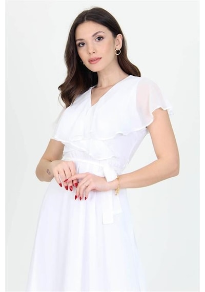 Dip Moda Kadın Melek Kol Uzun Şifon Elbise Dpnb0001 BEYAZ Beyaz