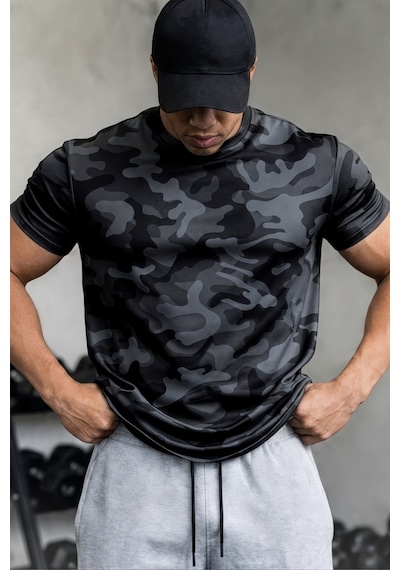 Serablanka Erkek Nem Emici Hızlı Kuruma Atletik Teknik Kamuflaj Desenli Spor T-shirt Siyah