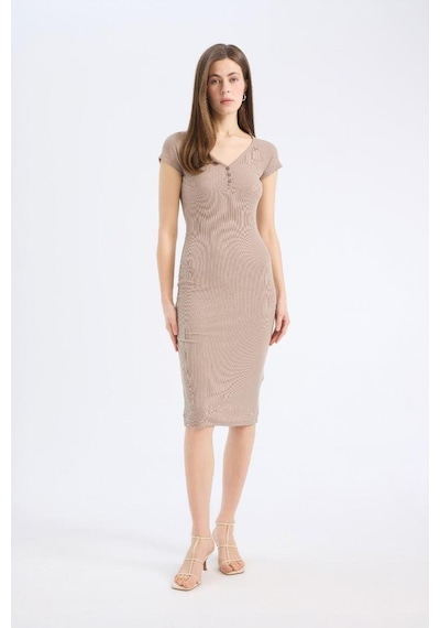 DeFacto Bodycon Vücudu Saran V Yaka Fitilli Kaşkorse Kısa Kollu Midi Elbise E7368AX25SPBG73