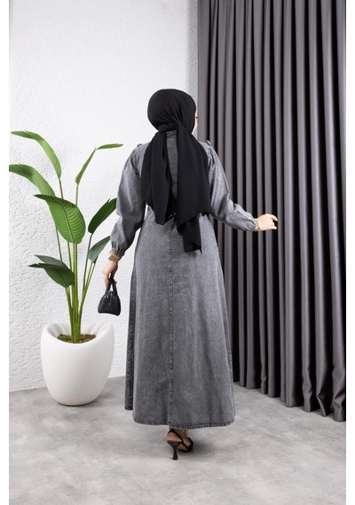 Harman Butik Kadın Fır Fırlı Belden Bağlamalı Denim Kot Elbise Siyah Siyah
