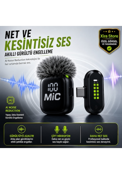 Bwc-09 Çiftli Kablosuz Yaka Mikrofonu Type-c Alıcılı Dijital Ekranlı Aı Gürültü Engelleme 20-30 Metre