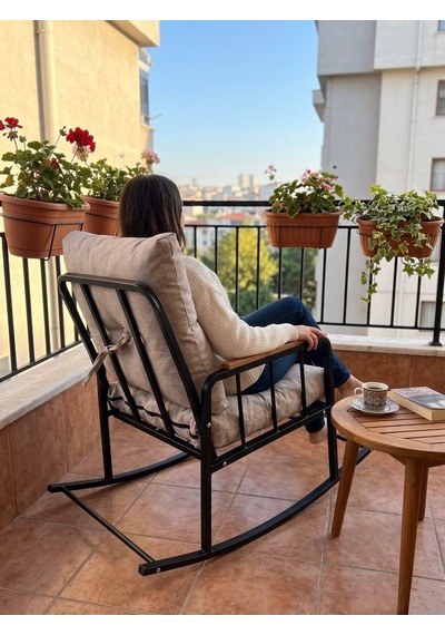 Nesta Metal İskeletli Konfor Sallanan Sandalye - Bahçe, Balkon Ve Ev İçi Sallanır Koltuk Statik Boyalı, Kırpık Dolgulu Cappuccino