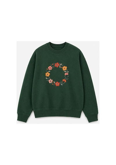 Herkesemoda Halka Çiçekler Baskı Detaylı Şardonlu 2 İplik Bisiklet Yaka Sweatshirt Yeşil