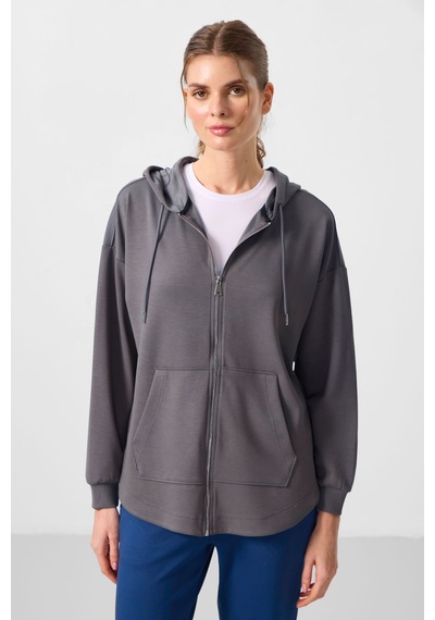 Tommylıfe Koyu Gri Yumuşak Dokulu Kapüşonlu Oversize Kadın Tunik Sweatshirt - 97302