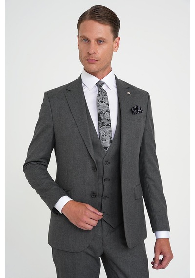 Efor Slim Fit Çift Yırtmaç Balıksırtı Desenli Yelekli Füme Takım Elbise Tk 923 Füme Efor Slim Fit Çift Yırtmaç Balıksırtı Desenli Yelekli Füme Takım Elbise Tk 923 Füme