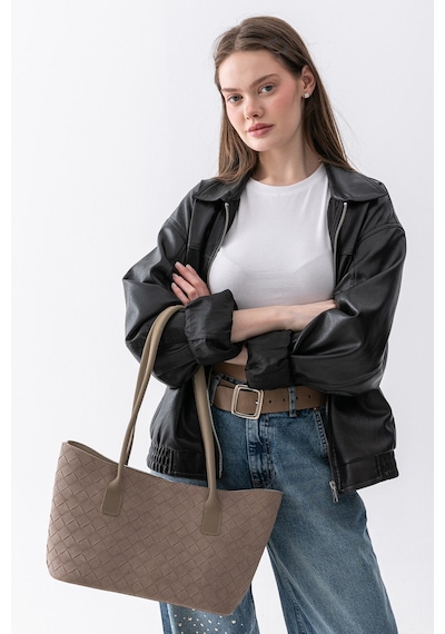 Paul Brand Terra Touch Örgü Desenli Yumuşak Süet Dokulu Makyaj Çantalı Kadın Shopper Omuz Çantası Vizon