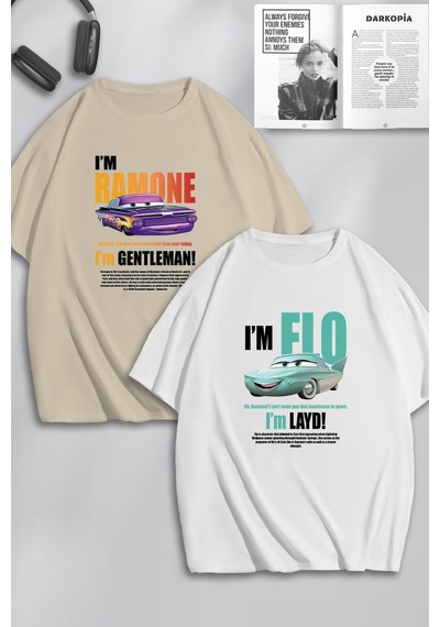 Unisex Kadın Erkek Ramone,flo Layd Ve Gentleman Baskılı Sevgili Çift Kombini Tasarım Oversize Tshirt Bej Beyaz Mck0501 Bej Beyaz