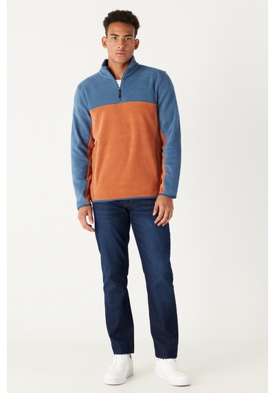 AC&Co / Altınyıldız Classics Erkek Indıgo-kıremıt Anti-pilling Tüylenme Yapmayan Standart Fit Bato Yaka İçi Polarlı Çift Renk Polar Sweatshirt Indigo - Kiremit