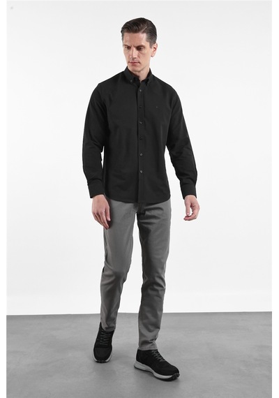 İmza Siyah Oxford Düğmeli Yaka Uzun Kol Cepsiz Slim Fit Pamuklu Gömlek 1004260182